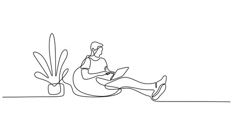 Single Line Art Male Desk Laptop Plant. Decorative Office Workspace Minimalist Vector Art.
