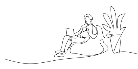 Continuous Line Drawing Man Laptop Workspace Plant. Office Desk Greenery Minimalist Vector Art.