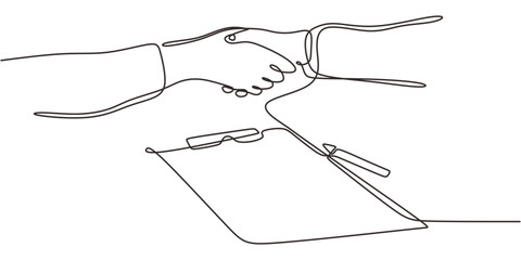 Continuous Line Drawing Handshake Business Documents. Agreement Deal Contract Minimalist Vector.
