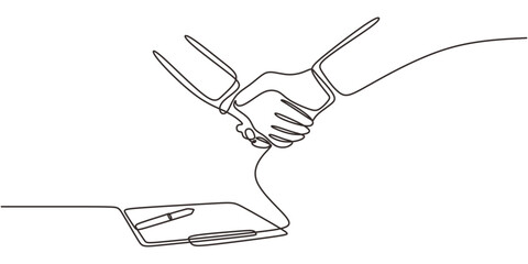 Single Line Art Handshake Paperwork. Successful Deal Partnership Contract Minimalist Vector Art.