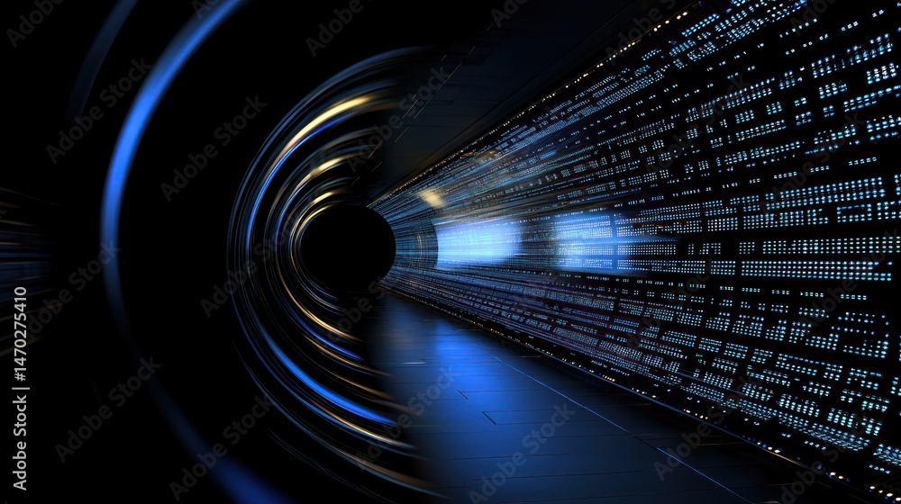 Poster an abstract futuristic tunnel with lights and digital data