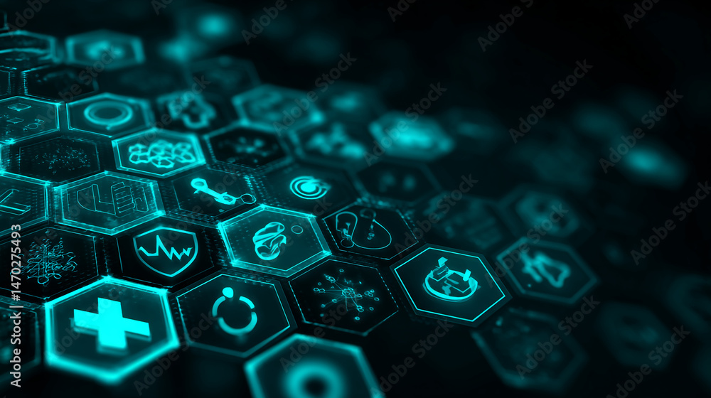 Poster abstract teal hexagonal grid with glowing icons, representing digital healthcare, technology, or dat