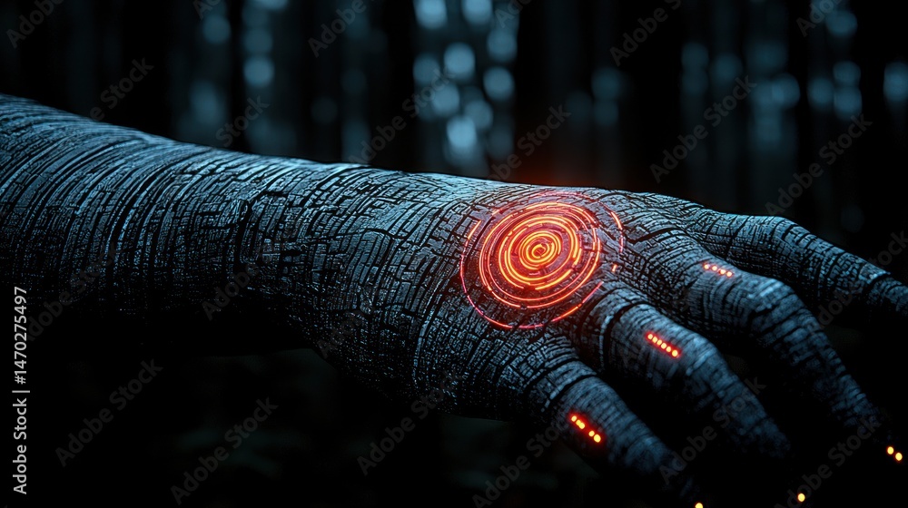 Poster A textured hand shows glowing circuits in a darkened forest setting