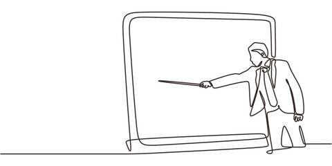Single Line Art Male Speaker Presenting Board. Information Ideas Meeting Minimalist Vector Art.