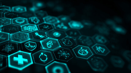 Abstract teal hexagonal grid with glowing icons, representing digital healthcare, technology, or data visualization, suitable for technological background