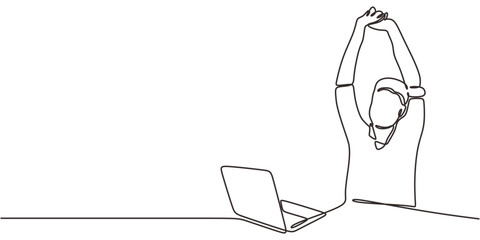 Single Line Art Workplace Wellness Office Worker Stretching. Relief Tension Break Minimalist Vector.