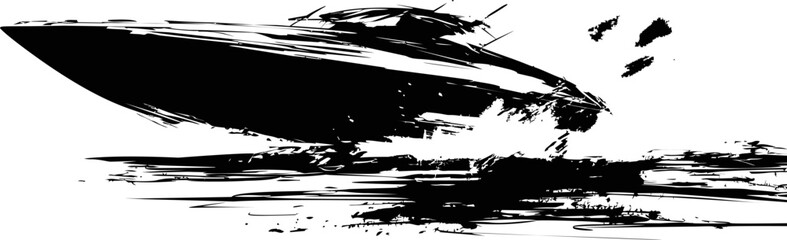Abstract black and white illustration of a speedboat on water splashes. Vector illustration