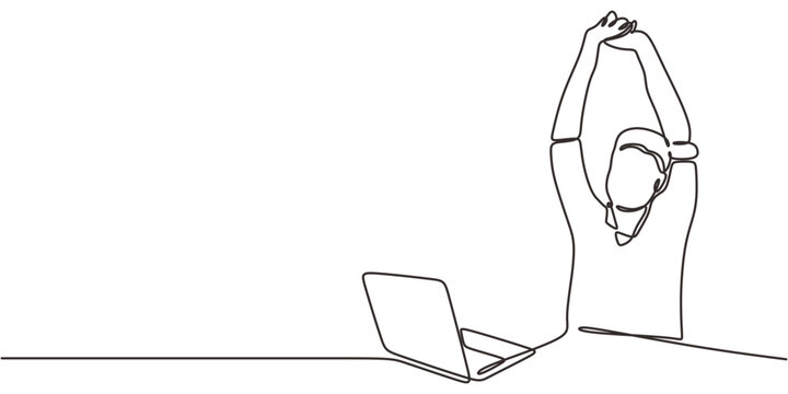 Single Line Art Workplace Wellness Office Worker Stretching. Relief Tension Break Minimalist Vector.