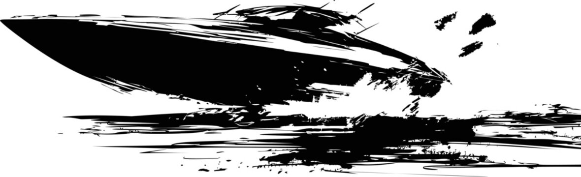 Abstract black and white illustration of a speedboat on water splashes. Vector illustration