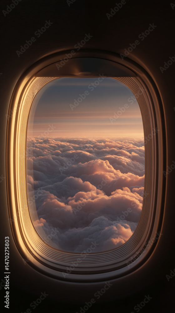 Poster airplane window view of sunset cloudscape, showcasing golden hues and soft cloud texture symbolizing