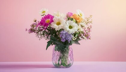 Fototapeta premium Colorful flower bouquet in glass vase on pink table with light-green wall.