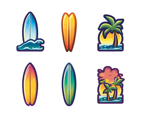 Collection of colorful surfboard and beach sunset illustrations.
