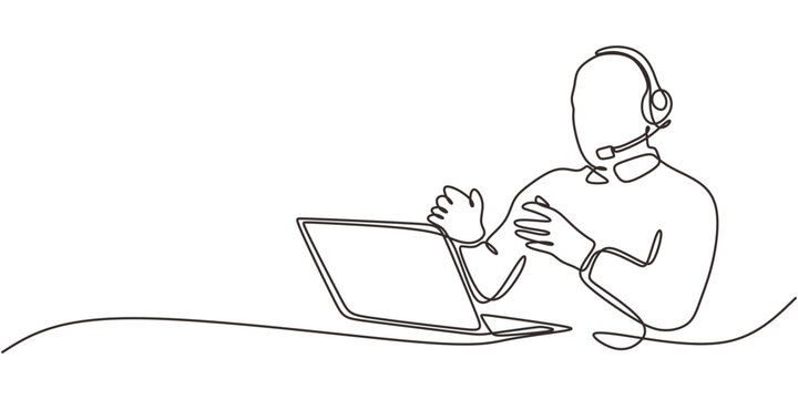 Continuous Line Drawing Person Virtual Meeting Headphones. Remote Work Conference Call Vector.