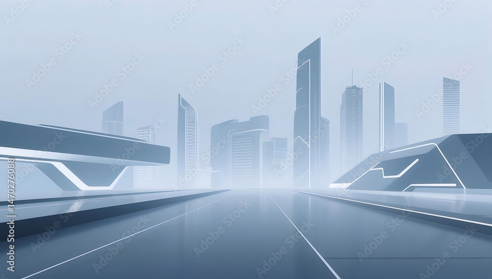Aufkleber 未来的な都市景観の水色と白の抽象的なレンダリングによる建築デザインの背景