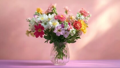 Fototapeta premium Colorful flower bouquet in glass vase on pink table with light-green wall.