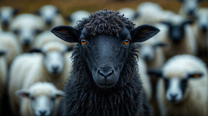 Portrait of a black sheep in a herd of grazing white sheep