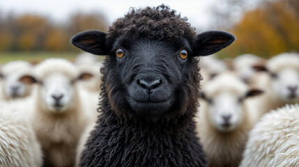 Portrait of a black sheep in a herd of grazing white sheep