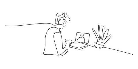 Continuous Line Illustration Person Conference Call Headset. Remote Communication Focus Vector.