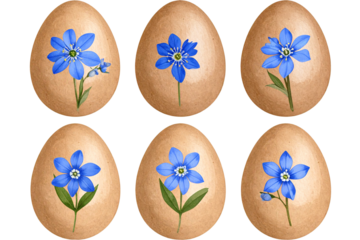 6 Vintage illustration of an Easter egg with a blue flower, PNG clipart with a transparent background