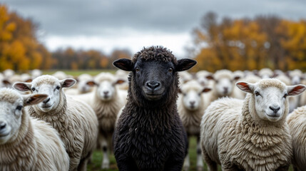 Portrait of a black sheep in a herd of grazing white sheep