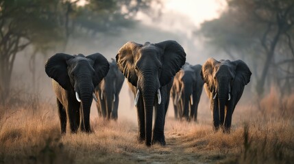 Fototapeta premium Elephants walking toward camera savanna wildlife photography natural habitat eye-level view group movement