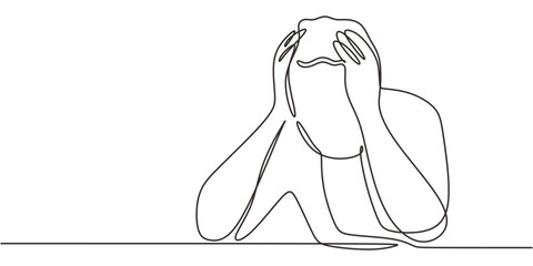 Continuous Line Drawing Person Head In Hands Desk. Workplace Fatigue Stress Burnout Vector Art.