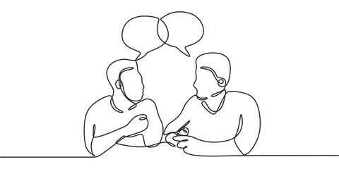 Single Line Art Workplace Dialogue Two Figures Linked Speech Bubbles. Teamwork Minimalist Vector.