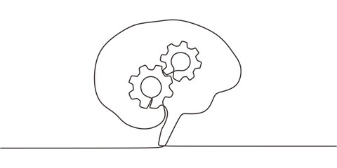 Continuous Line Drawing Brain Filled Gears. Critical Thinking Business Strategy Innovation Vector.