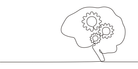 Continuous Line Drawing Brain Gears Inside. Analytical Thinking Innovation Problem Solving Vector.