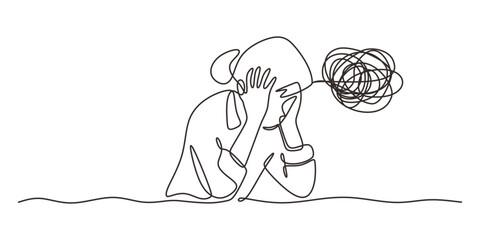 Continuous Line Drawing Stressed Person Tangled Brain. Anxiety Complex Thinking Pressure Vector.