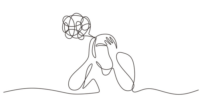 Continuous Line Drawing Person Complicated Brain. Overthinking Mental Overload Stress Vector Art.