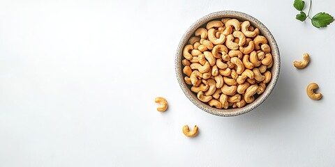 White bowl of cashew nuts with scattered nuts on white background.