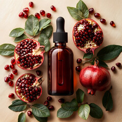 Pomegranate essence drops jar with pomegranates all around on a neutral background