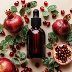 Pomegranate essence drops jar with pomegranates all around on a neutral background