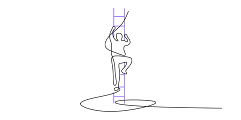 Continuous Line Representation Striving Success Person Ladder Star. Achievement Goal Vector Art.