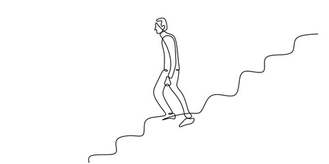 Minimalist Line Art Upward Mobility Career Path Figure Climbing Steps. Progress Growth Vector Art.