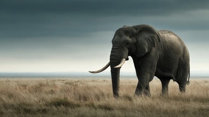 Fototapeta premium Elephant walking savanna wildlife photography flat horizon side profile low resolution