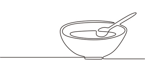Continuous Line Drawing Bowl Soup Cereal Spoon Resting Inside. Meal Breakfast Minimalist Vector.