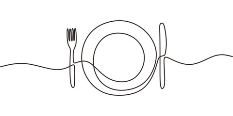 Single Line Art Proper Table Setting Plate Knife Fork Positioned. Meal Dining Minimalist Vector Art.