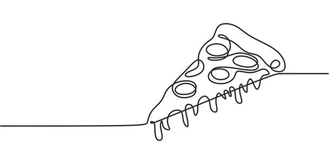 Continuous Line Drawing Slice Pizza Cheese Stretching. Tempting Fast Food Minimalist Vector Art.