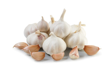 Garlic bulb and clove isolated. Garlic bulbs with sliced cloves on white background. White garlic bulb composition. With clipping path. Full depth of field.