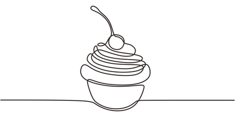 Continuous Line Drawing Sweet Cupcake Frosting Cherry. Dessert Baking Celebration Vector Art.
