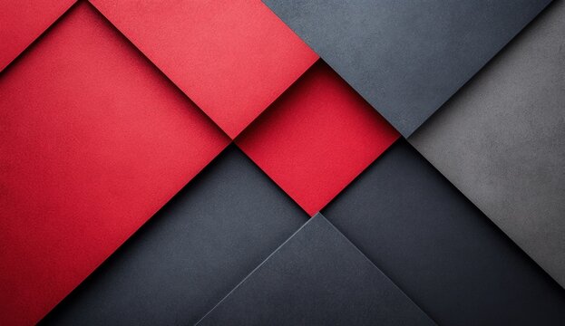 Abstract geometric design with overlapping red, gray, and dark gray shapes