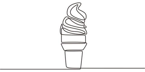 Continuous Line Drawing Soft Serve Ice Cream Cone Swirl Top. Sweet Treat Summer Minimalist Vector.