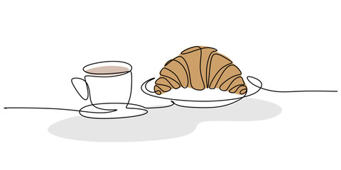 Minimalist Line Illustration Buttery Croissant Coffee. Bakery Breakfast Pastry Vector Art.