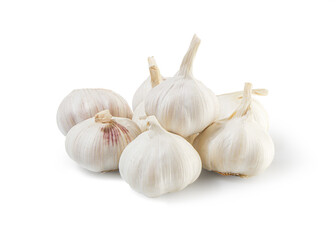 Garlic bulb and clove isolated. Garlic bulbs with sliced cloves on white background. White garlic bulb composition. With clipping path. Full depth of field.