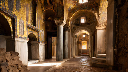 Obraz premium Sunlit ancient interior with golden mosaics and textured stone walls