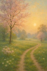 Fototapeta premium Spring sunrise over flowering meadow path in impressionist style
