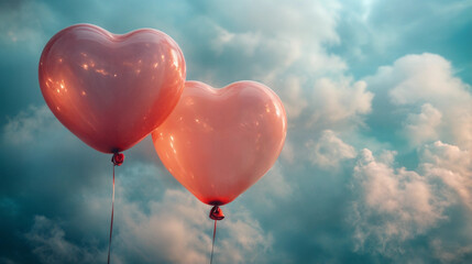 Two pink heart-shaped balloons flying in a blue sky at sunset