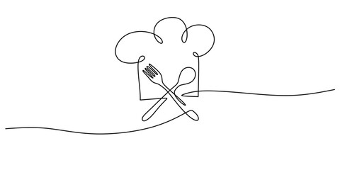 Minimalist Line Illustration Culinary Arts Chef Hat Crossed Cutlery. Cooking Profession Vector.